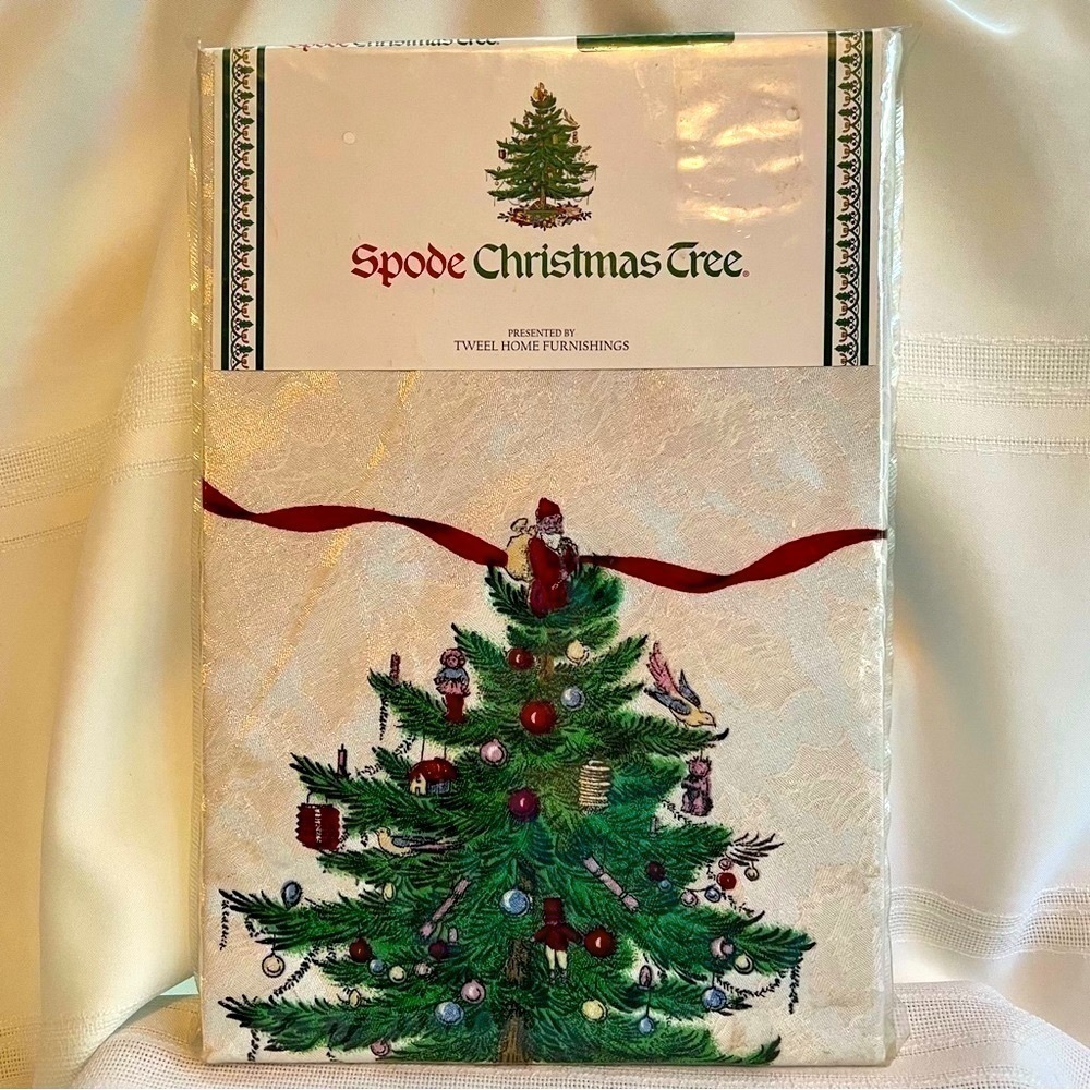 Spode Christmas Tree Tablecloth 70" Round WHT Damask RED Ribbon Tweel NEW Unused